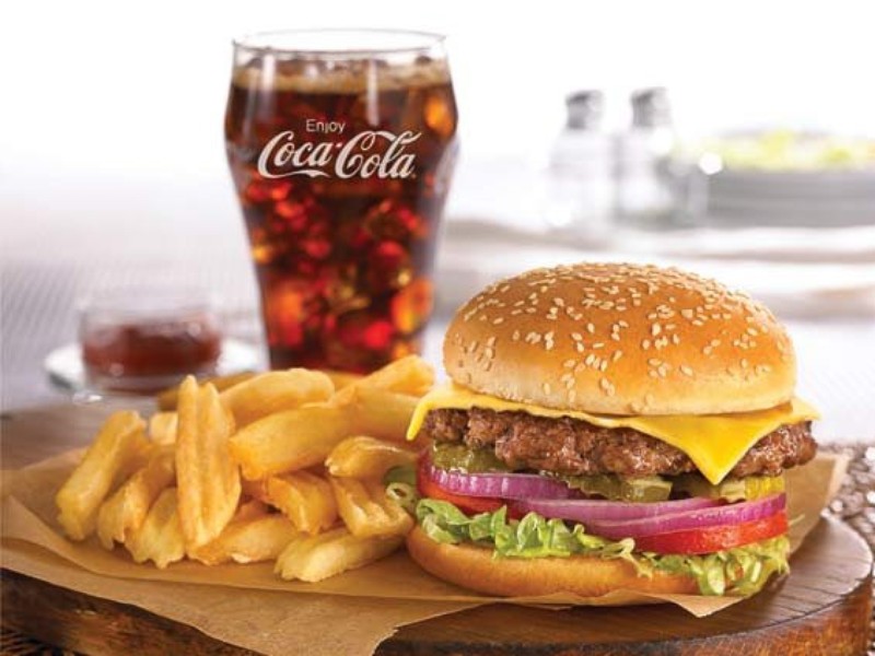 cheeseburger, fries and Coke